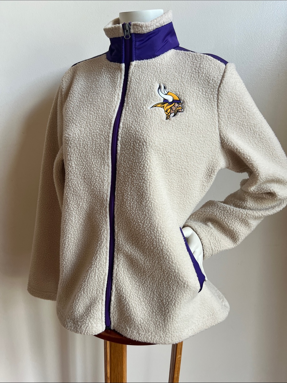 NFL Cream Sherpa Jacket with Purple Trim and Vikings Logo